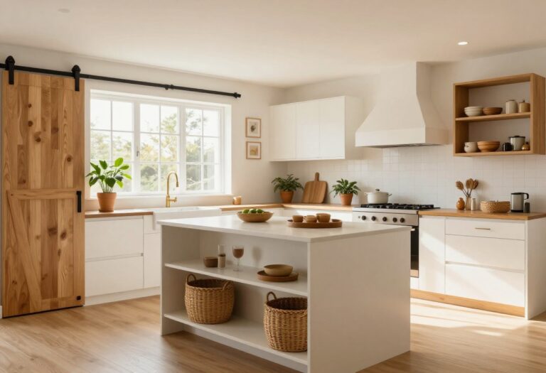 Modern mansion kitchen with white cabinets, open shelving, and a sliding barn door pantry