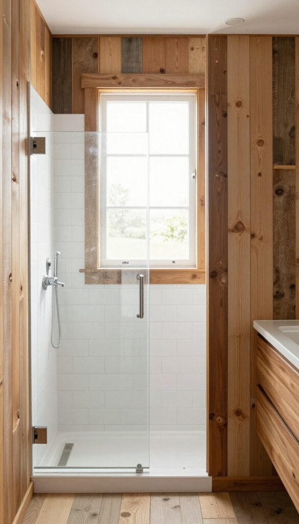 Farmhouse bathroom with a reclaimed wood accent wall next to a walk-in shower, adding warmth and texture to the space.