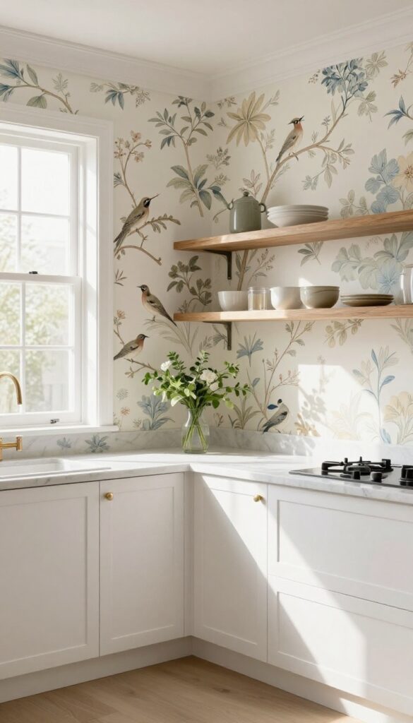 Kitchen with chinoiserie wallpaper featuring birds and branches, white cabinets, marble countertop, natural wood shelves, and fresh greenery.