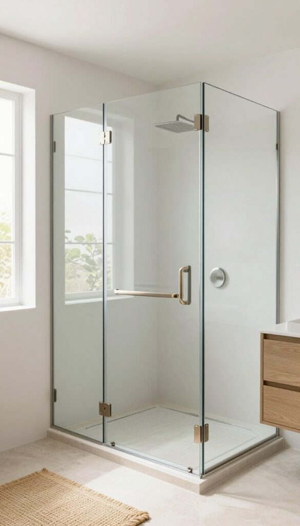 A small bathroom with a frameless glass shower enclosure in bright natural light, featuring minimalist design and natural textures for an open, spa-like feel.