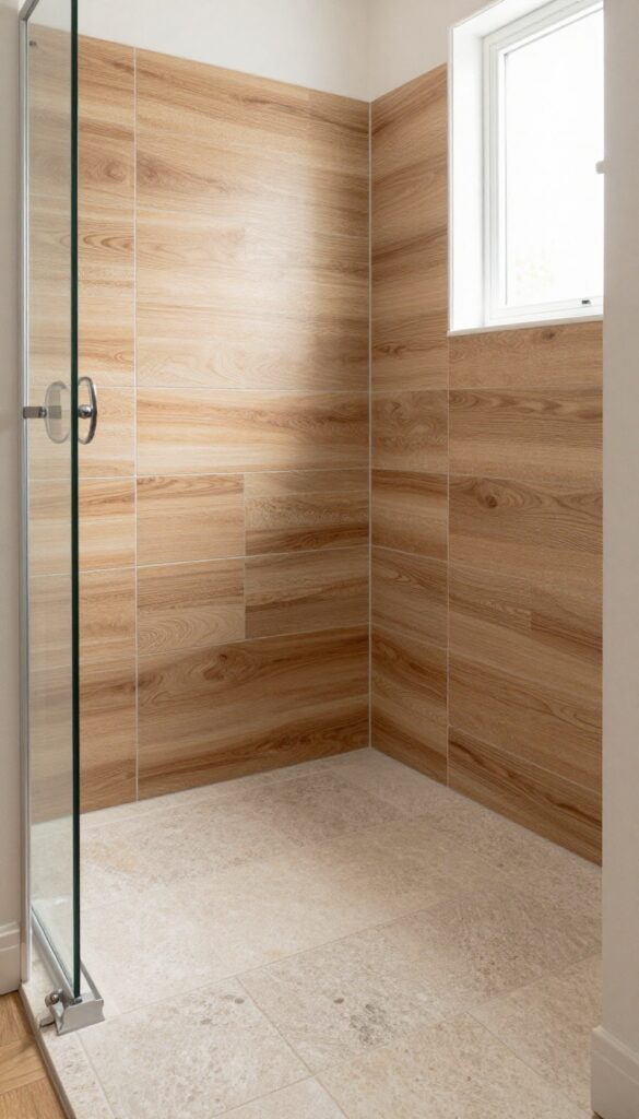 Wood-look tile shower walls paired with stone-look flooring for natural contrast in a bright, clean bathroom design.
