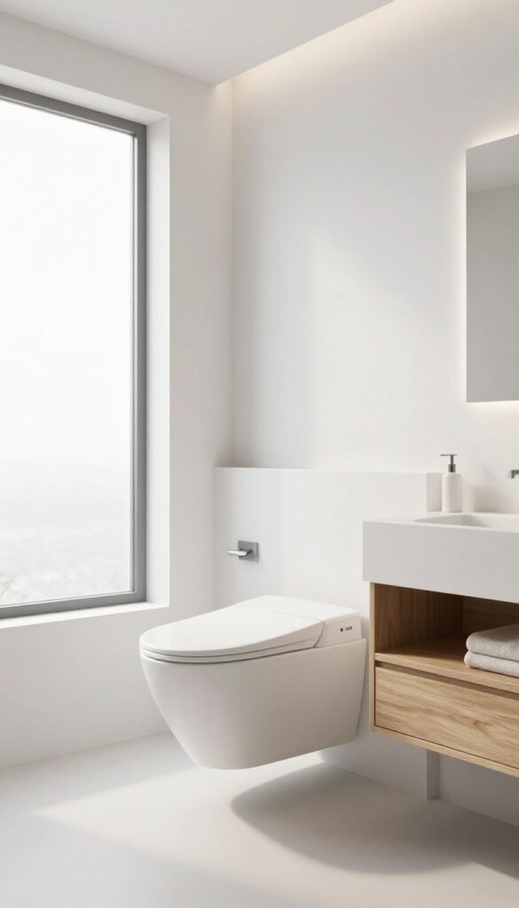 A sleek wall-mounted toilet in a modern bathroom with floating vanity and natural light, showcasing a clean and minimalist design for style without clutter.