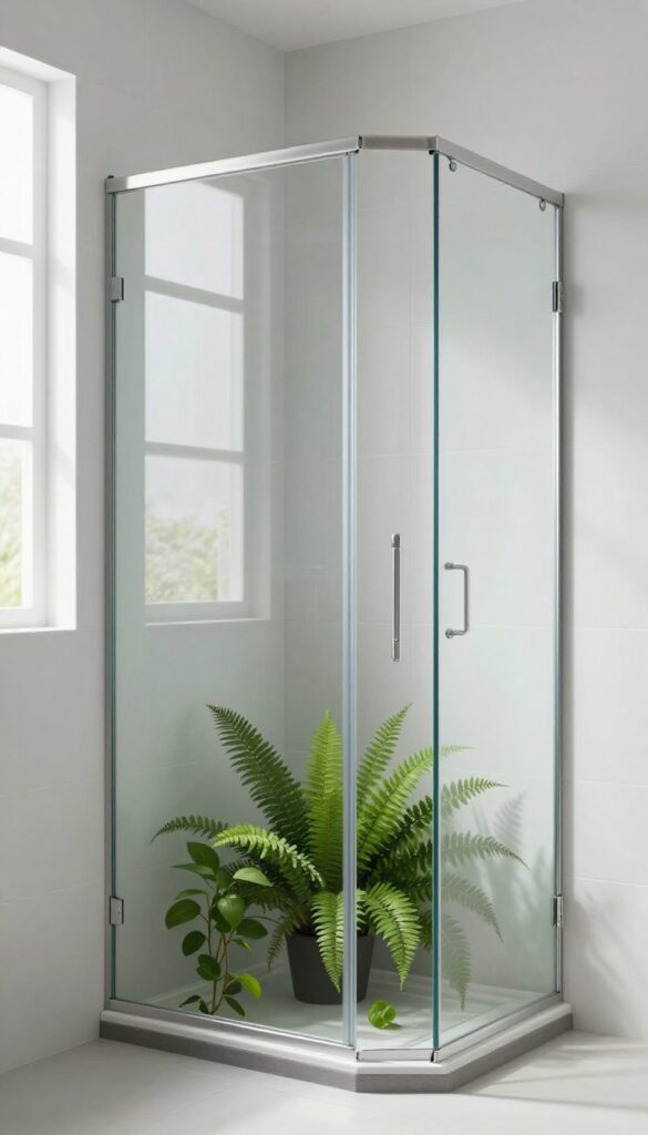 Corner glass shower with plants for greenery in a small bathroom, featuring natural light and humidity-loving foliage to enhance the space.