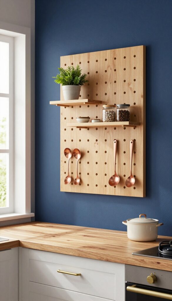 Midnight blue kitchen wall with birch pegboard holding copper utensils and small shelf