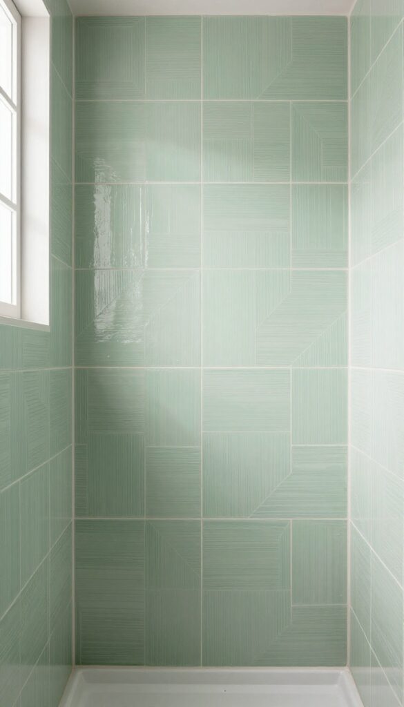 Close-up view of a shower wall featuring a custom stenciled geometric pattern in sage green with waterproof sealant, showcasing DIY home decor for bathroom renovation.