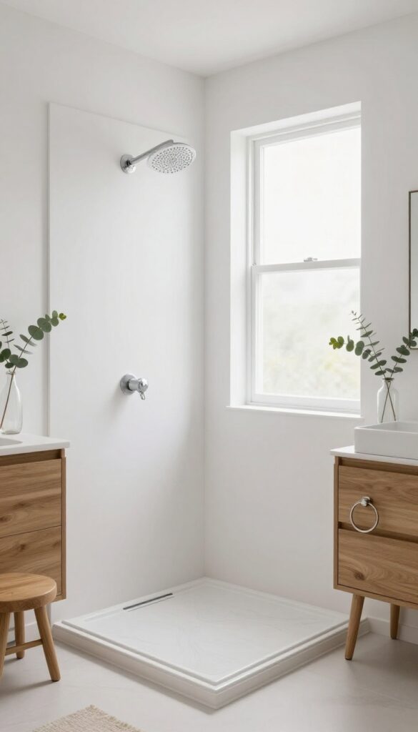 Modern bathroom with solid surface shower base, matte finish with subtle veining, seamless construction, natural light and warm wood accents.