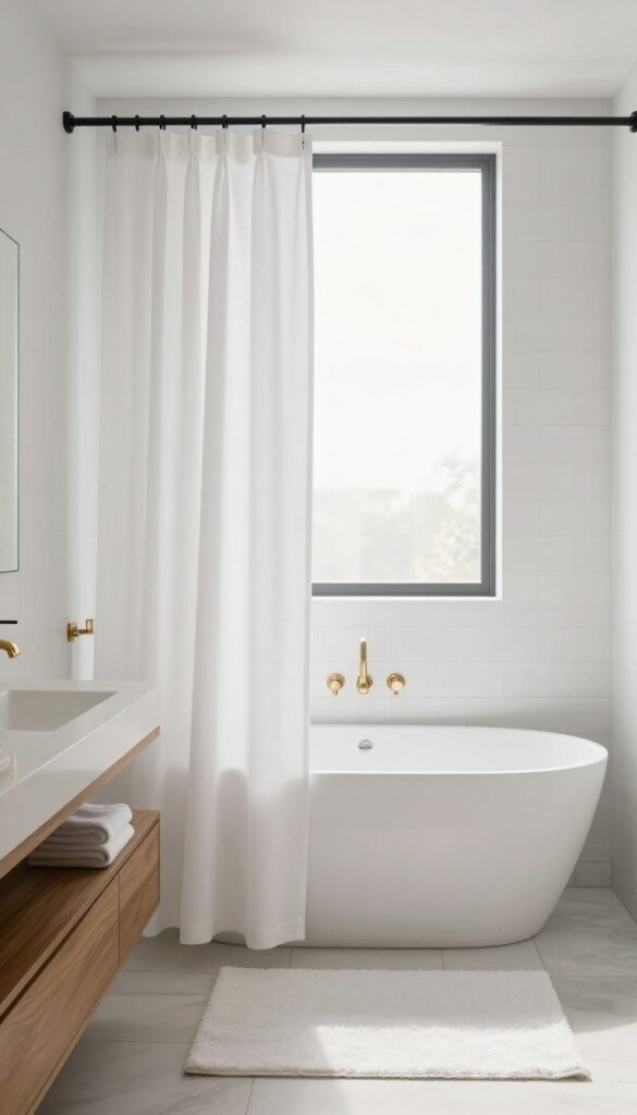A crisp white hotel-style shower curtain in a bright, clean bathroom with natural light, wood accents, and brass fixtures.