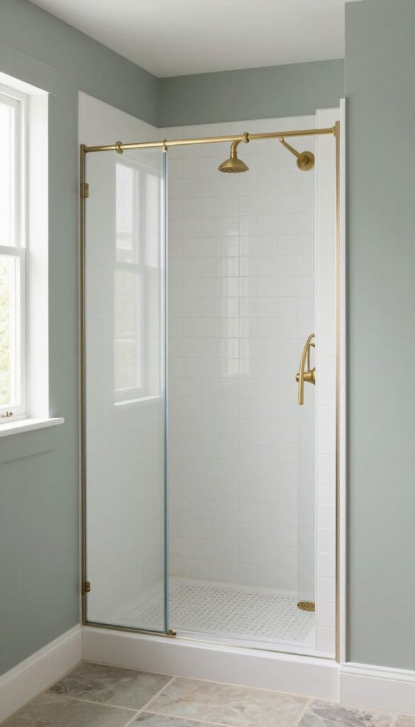 Farmhouse bathroom with a walk-in shower surrounded by soft sage or greige walls, showcasing white tile and natural materials in bright light