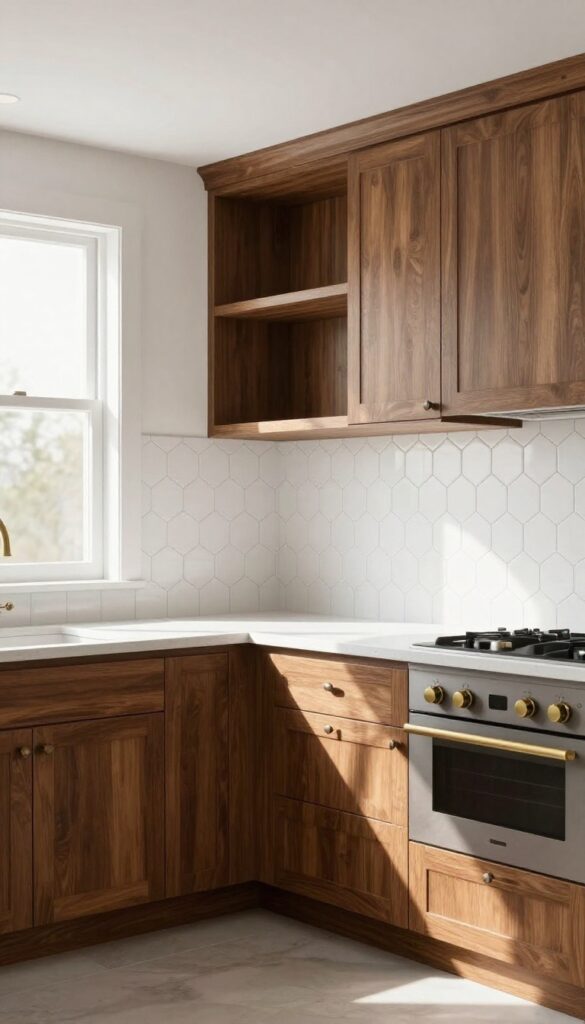 Matte white hexagon tile backsplash with dark grout in a kitchen with brown cabinets, bright natural light, and simple countertops.
