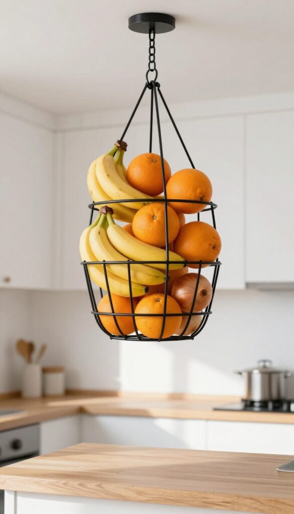 Hanging fruit basket in a small kitchen
