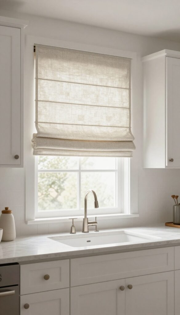 Roman shade above kitchen sink, raised to show neat pleats, clean and tailored look
