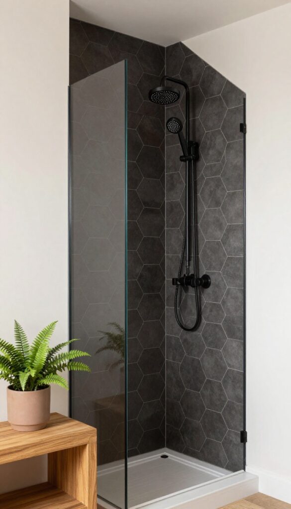 Modern shower with dark charcoal hexagon tiles and matte black hardware in bright natural light