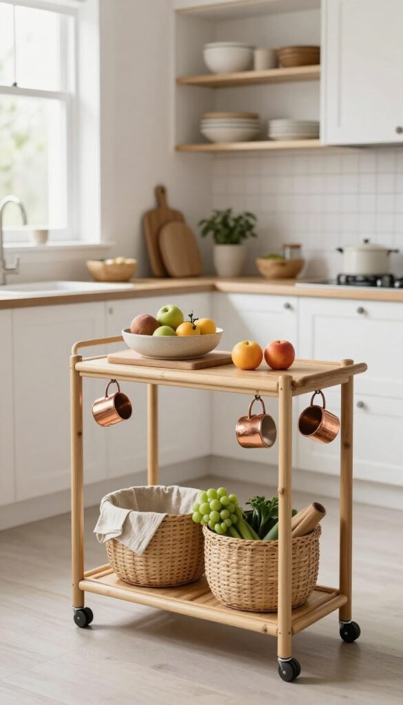 Small boho kitchen with bamboo rolling cart as portable island, cutting board and fruit on top, baskets on bottom, copper mugs hanging from side, natural light.