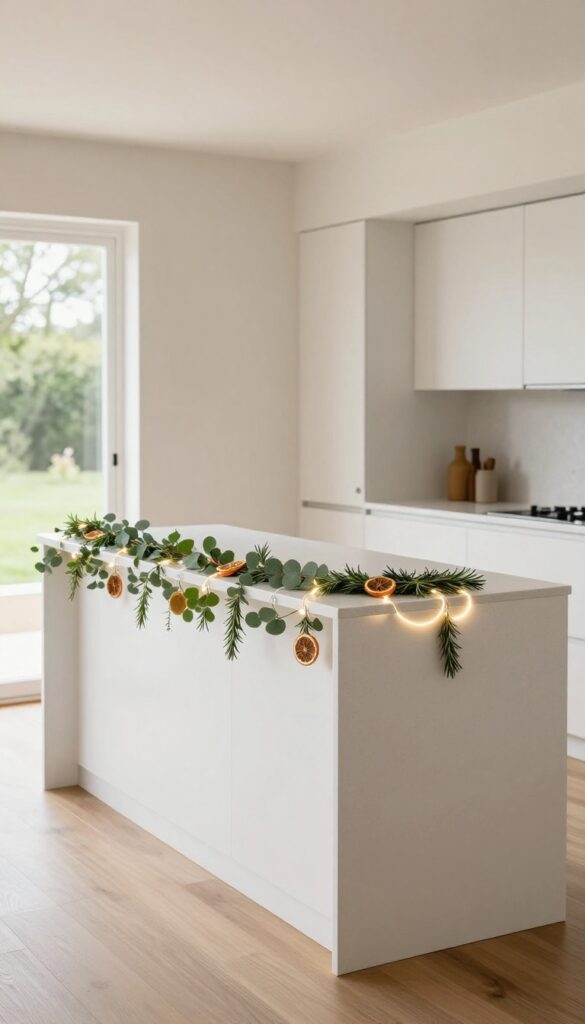 Minimalist greenery garland with warm lights on a modern kitchen island