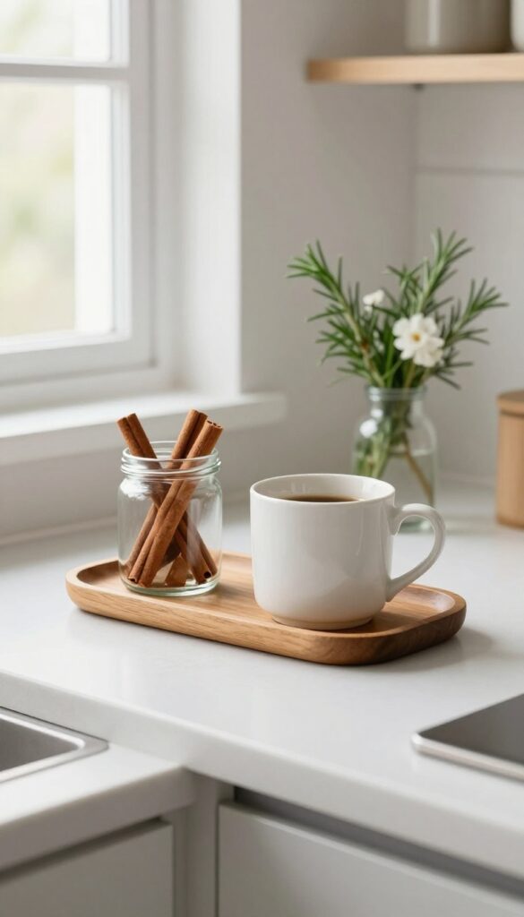 A festive coffee or tea station on a kitchen counter with a wooden tray, ceramic mug, glass jar of cinnamon sticks, and rosemary in a vase.