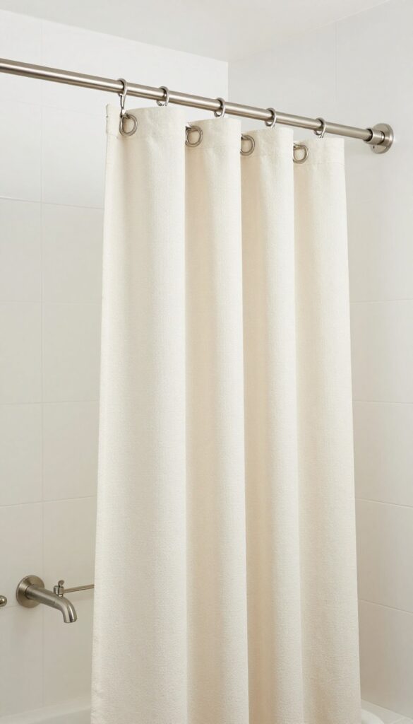 An adjustable shower curtain rod in brushed nickel installed in a modern bathroom, demonstrating custom fit flexibility for a polished look.