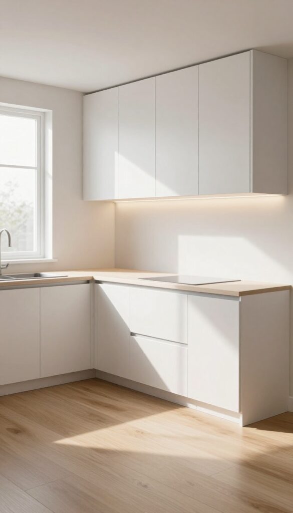 Warm rope light under kitchen toe kicks creating a floating cabinet effect in a bright, modern small kitchen
