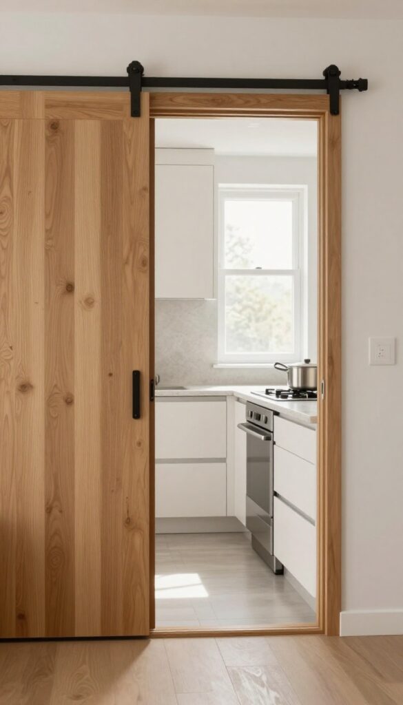 Narrow kitchen with sliding barn door saving space