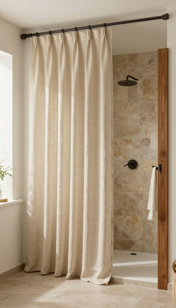 Floor-length linen curtain in warm oatmeal replacing glass shower door in a bright bathroom with natural stone and wood accents.