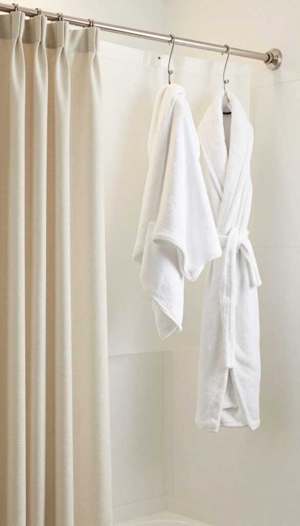 Double shower curtain rods in a bright bathroom with layered curtains and towels for storage, showcasing a polished and functional home decor style.