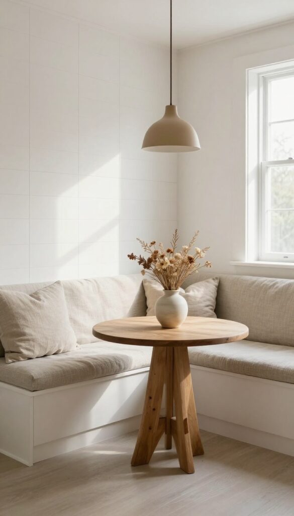 Cozy breakfast nook with built-in banquette, round wooden table, and warm pendant light in a bright kitchen corner.