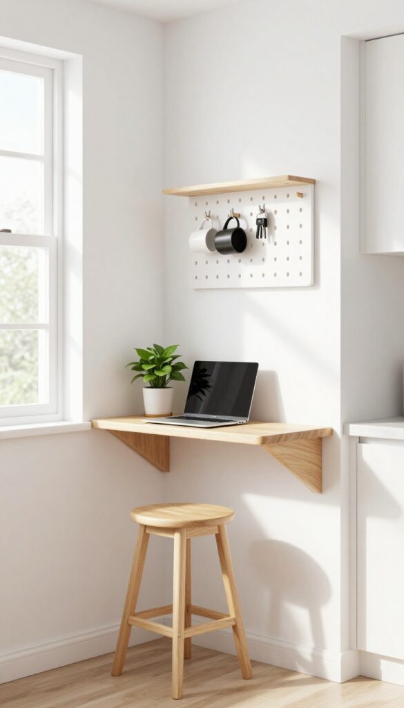 Floating shelf desk combo with stool tucked underneath, pegboard and hooks on wall above