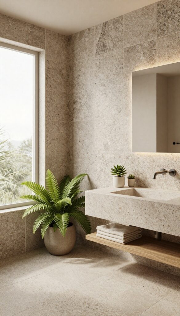 A bathroom shower with a window surrounded by a pebble tile accent wall, showcasing natural light and spa-like serenity with plants and warm lighting