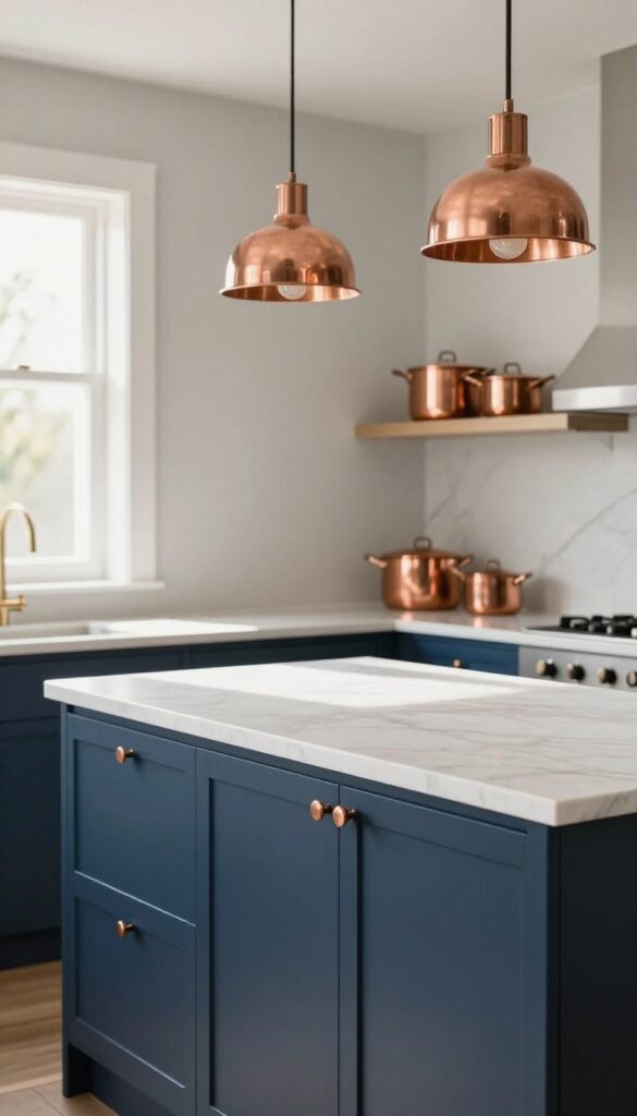 Small kitchen with navy blue cabinets and warm copper accents