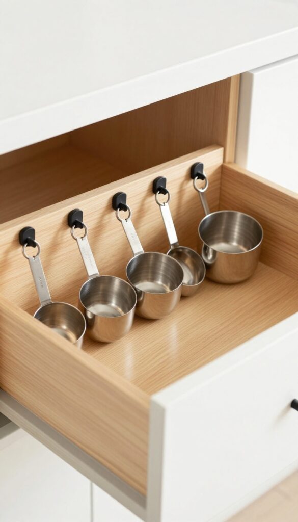 Under-drawer hooks holding measuring cups and spoons in a kitchen drawer