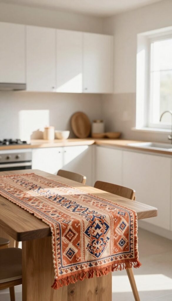Sunlit Indian kitchen with handwoven cotton dhurrie and block-print runner on table