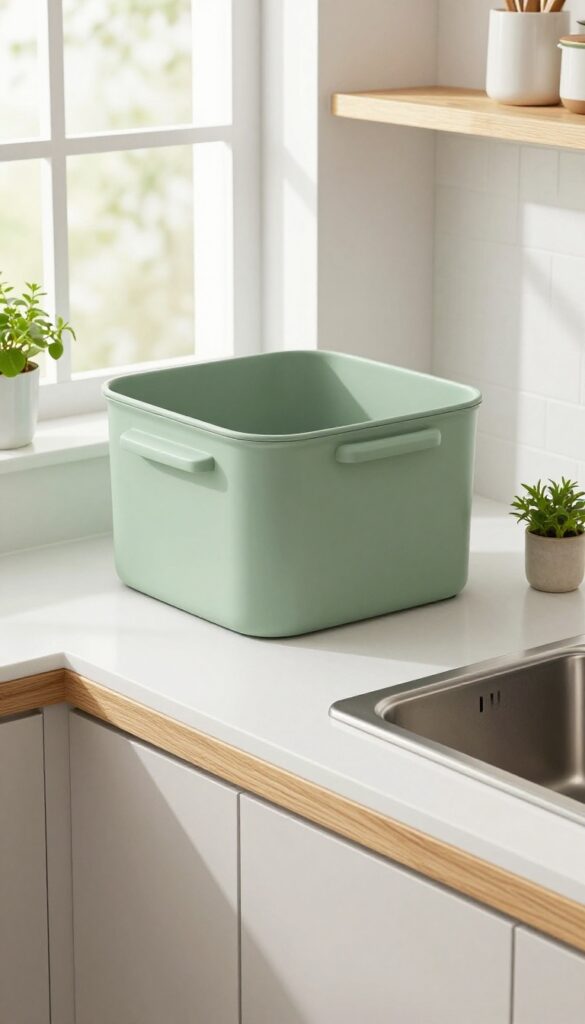 A ceramic compost bin on a kitchen counter, styled with a wood trivet and natural light.