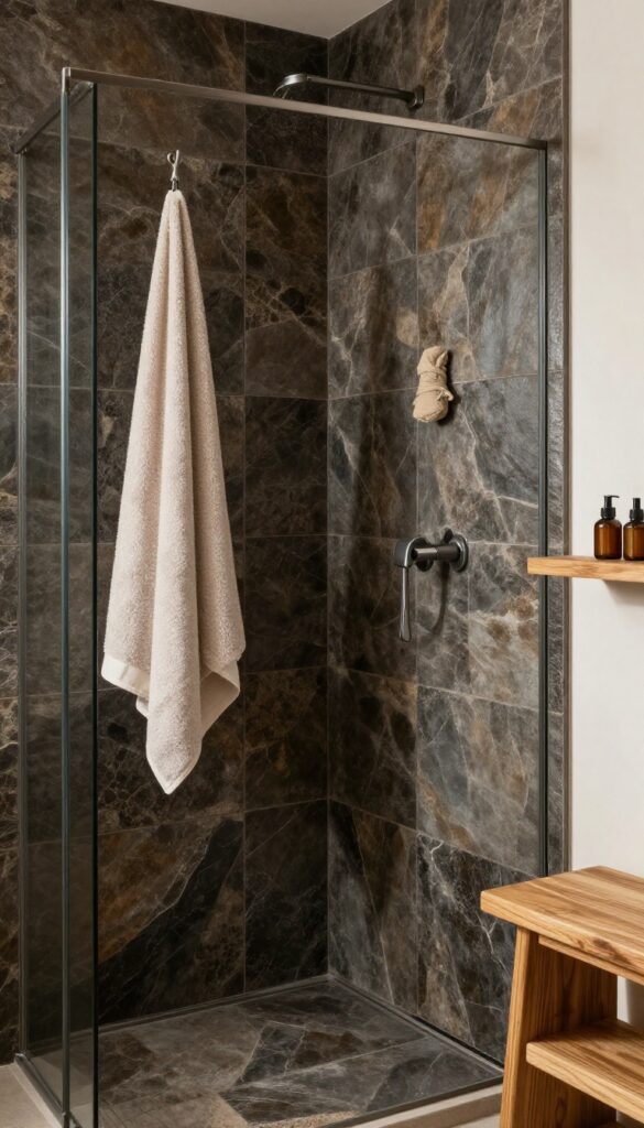 Dark textured slate tiles in a shower with natural light and wooden accents for a warm, rustic look.