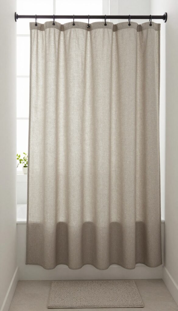 A water-resistant shower curtain in a bright bathroom with natural light, showcasing durable fabric and minimalist decor for a stylish, clutter-free look.
