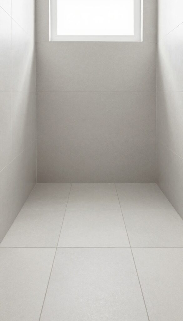 A close-up view of a shower floor featuring large-format porcelain tiles with minimal grout lines, creating a sleek and seamless look in a bright, modern bathroom.