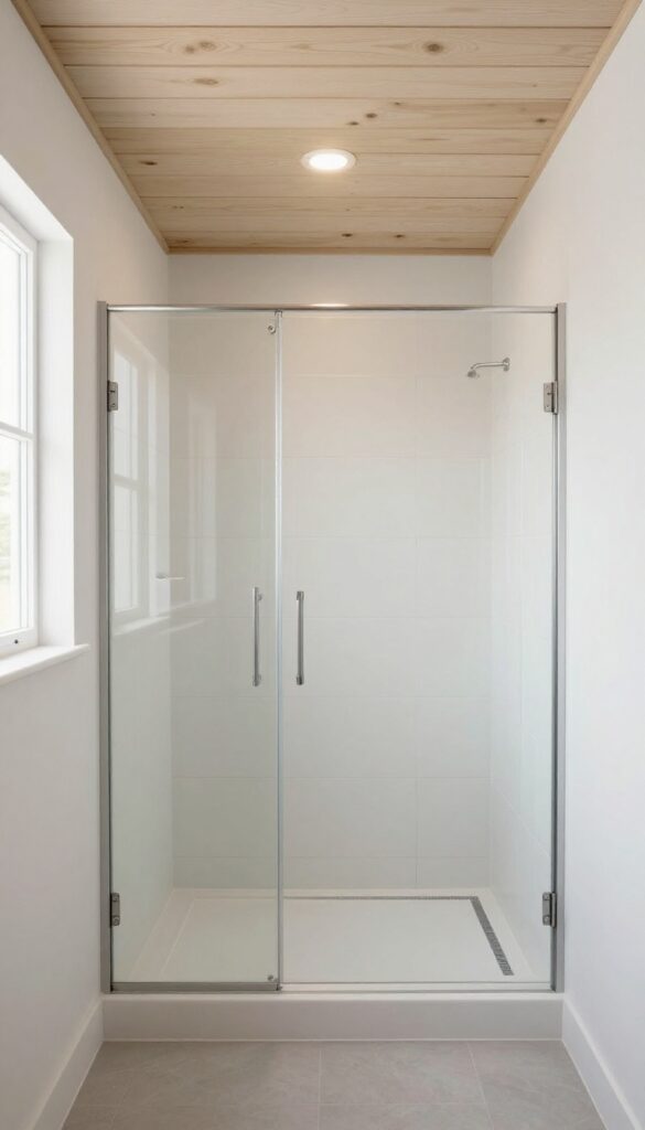 A farmhouse bathroom walk-in shower featuring a shiplap ceiling above the shower area with natural light and simple tile design