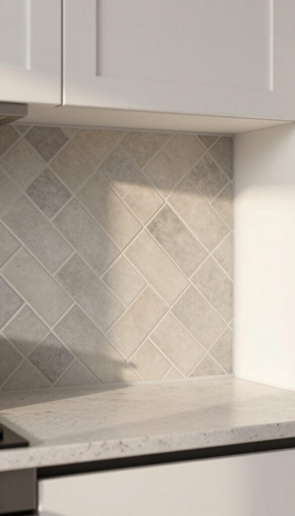 Peel-and-stick tile backsplash in herringbone pattern with warm gray and beige tones, white cabinets, quartz countertop, and matte black hardware in natural light.