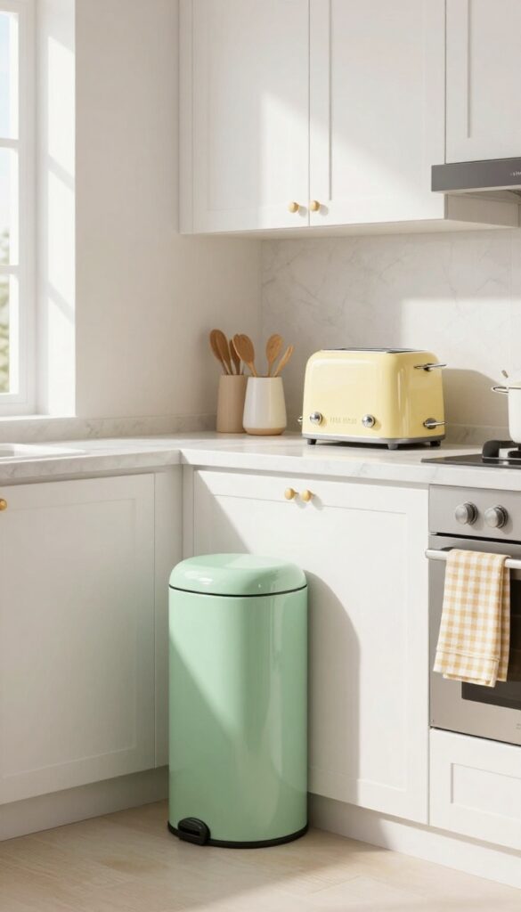 Mint green retro mini trash can on a kitchen counter with pastel toaster and checkered towel, bright natural light.