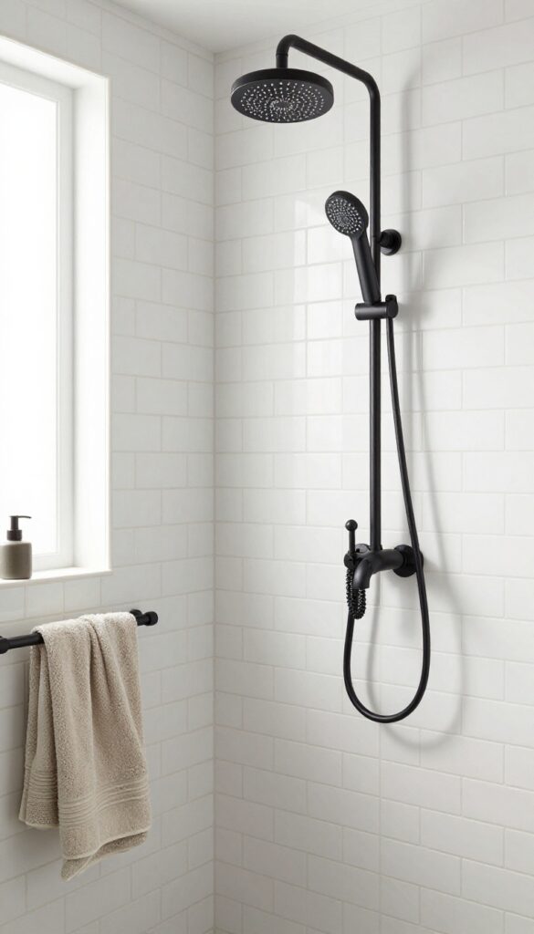 A modern shower with white subway tiles and matte black fixtures in bright natural light, showcasing an industrial chic design with minimal decor.