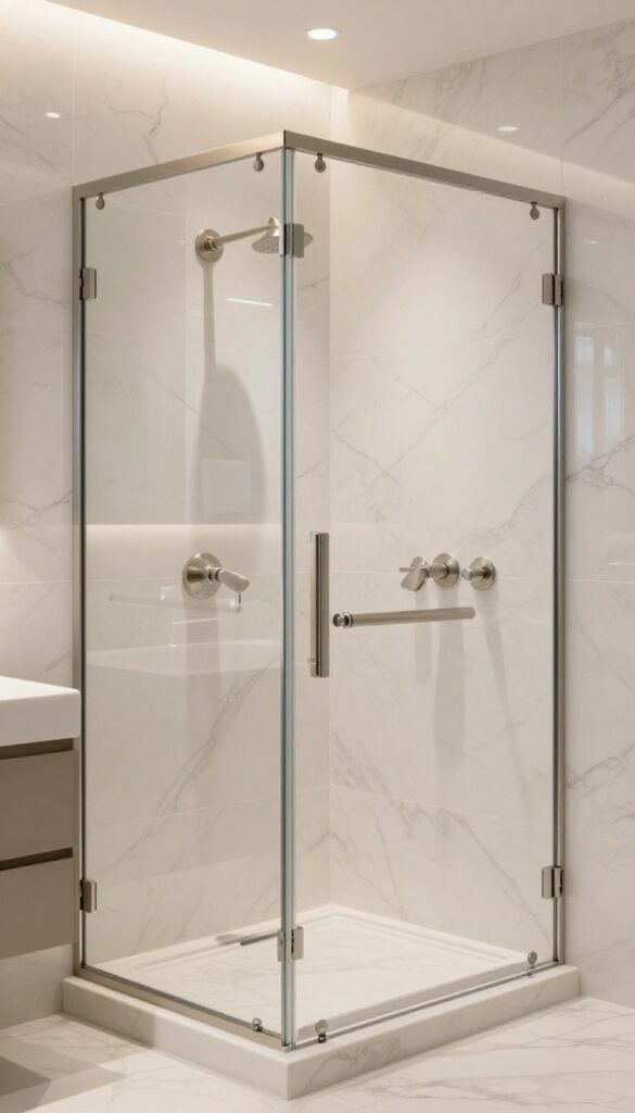 A luxurious master bathroom shower featuring marble-look ceramic tiles with realistic veining, brushed nickel fixtures, and warm lighting for an elegant and clean aesthetic.