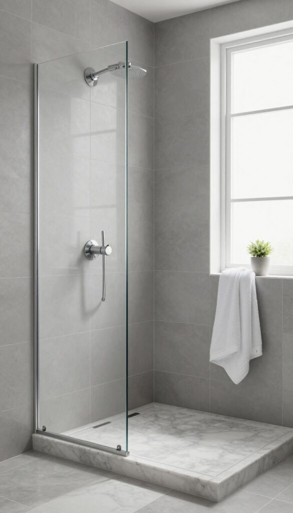 Modern monochrome tile shower with built-in seat in shades of gray and white, featuring natural light, marble seat, chrome fixtures, and decorative towel and plant.