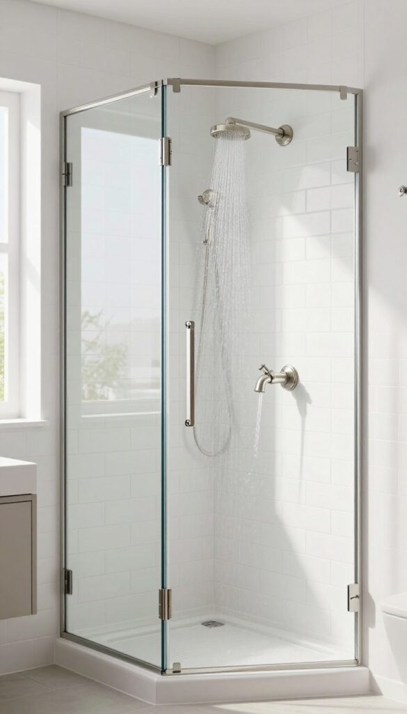 Modern bathroom with touchless motion-activated shower faucet in brushed nickel, hand waving to activate water flow, clean subway tile and frameless glass door.