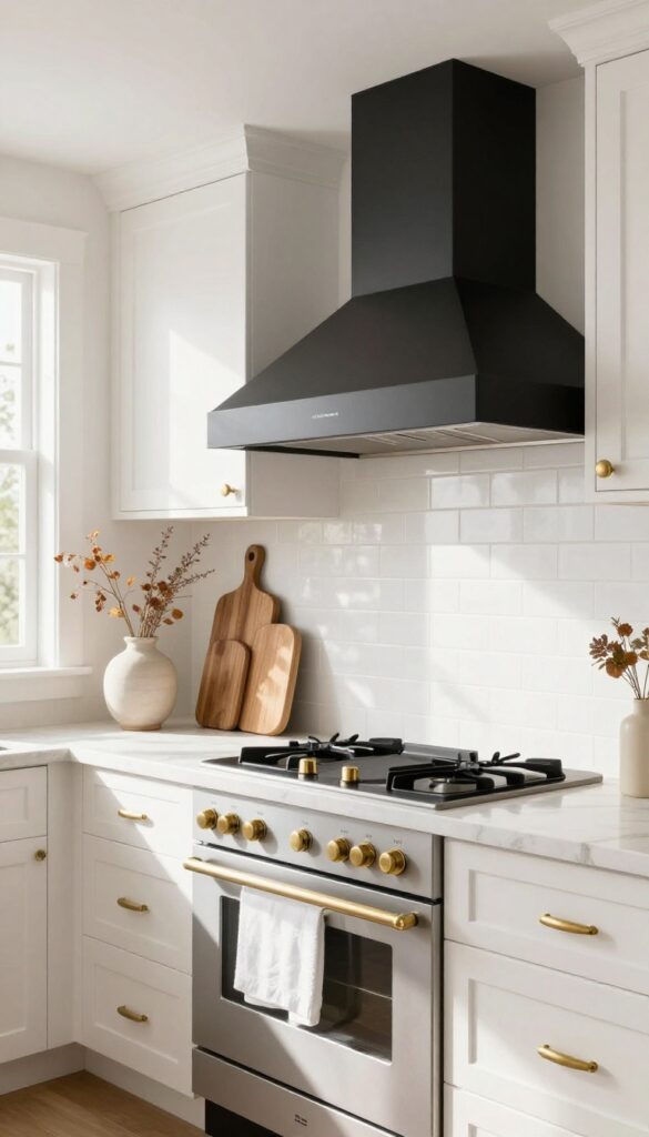 Modern kitchen with white cabinets, cream marble countertops, and a matte black range hood as the focal point