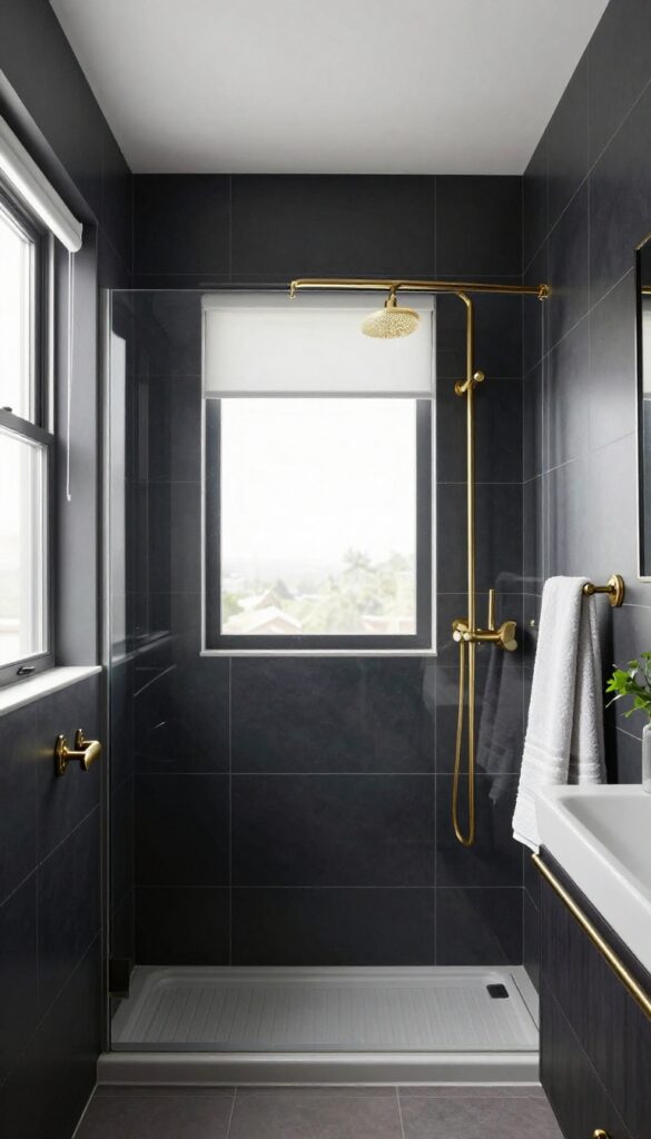 A moody dark-toned pony wall shower in a polished bathroom with natural light, contrasting tiles, and brass fixtures.