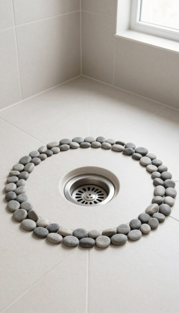 A close-up view of a shower floor featuring a central drain encircled by a decorative border of gray pebbles, set against light tiles under natural lighting.