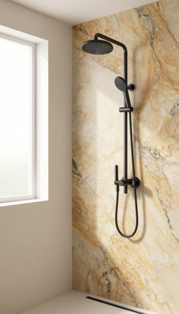 Luxurious onyx shower with matte black fixtures in a bright, modern bathroom.