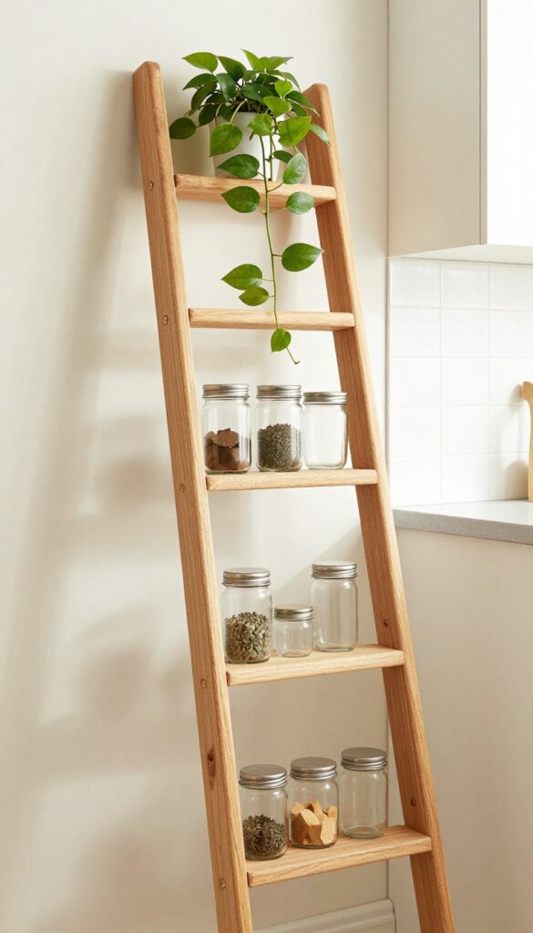Wooden ladder spice shelf leaning against kitchen wall with spice jars and trailing plant