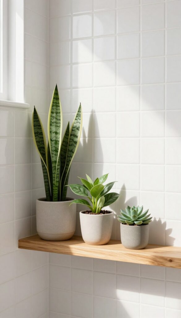 A small wooden shelf on a knee wall in a shower holds potted plants including snake plant, pothos, and succulent in ceramic pots, with natural light and clean tiles creating a fresh, calming green oasis.