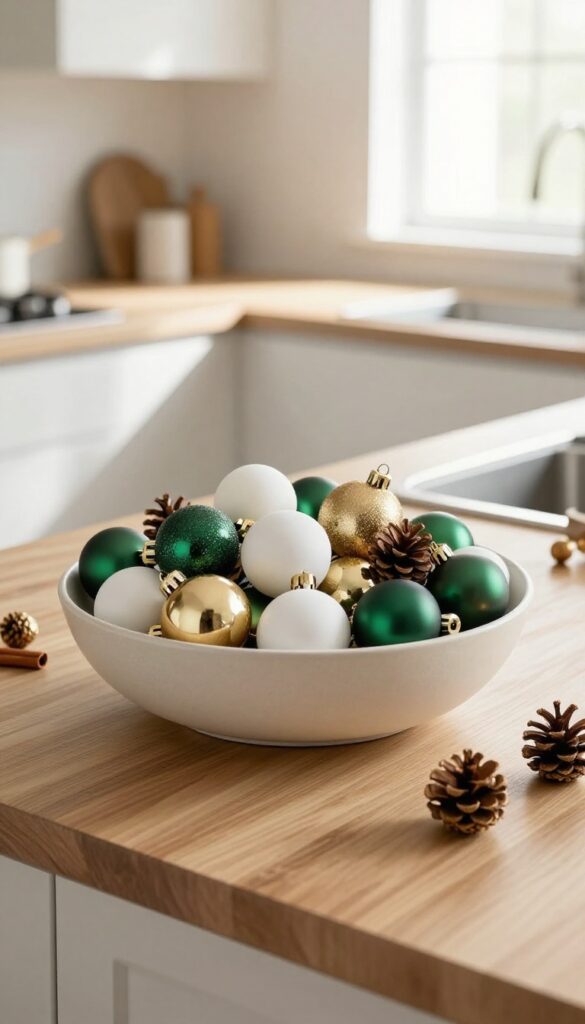 A large matte ceramic bowl filled with Christmas ornaments in white, gold, and green on a wooden kitchen island, with natural light and a clean, modern look.