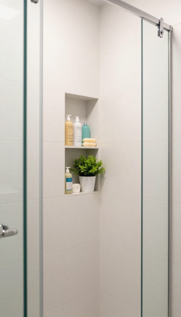Corner glass shower with built-in niche storage in a small bathroom, showcasing organized essentials like shampoo and plants under natural light for a spacious look.