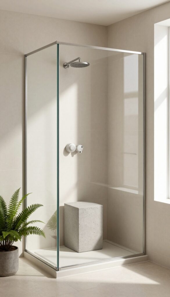 Concrete cube shower chair in industrial minimalist bathroom with natural light and potted fern